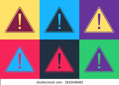 Pop art Exclamation mark in triangle icon isolated on color background. Hazard warning, careful, attention, danger warning important information. Vector.