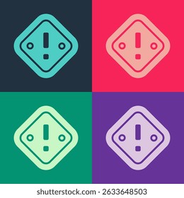 Pop art Exclamation mark in triangle icon isolated on color background. Hazard warning sign, careful, attention, danger warning important sign.  Vector