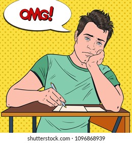 Pop Art Exhausted Male Student Sitting on the Desk During Boring University Lecture. Tired Handsome Man in College. Education Concept. Vector illustration