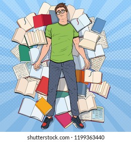 Pop Art Exhausted Student Lying on the Floor among Books. Overworked Young Man Preparing for Exams. Education Concept. Vector illustration