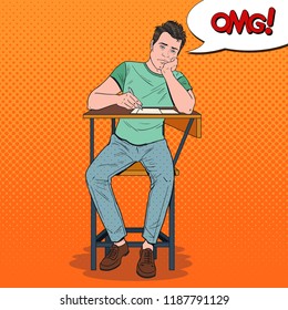 Pop Art Exhausted Student Sitting On The Desk During Boring University Lecture. Tired Handsome Man In College. Education Concept. Vector Illustration