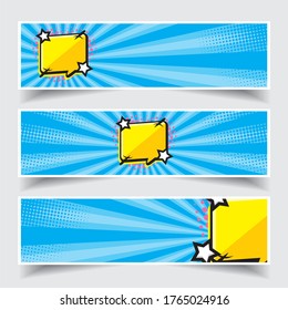 pop art explosion bubble set isolated on blue burst background- comics book dotted web header or footer. Vector illustration