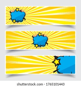 pop art explosion bubble set isolated on yellow burst background- comics book dotted web header or footer. Vector illustration