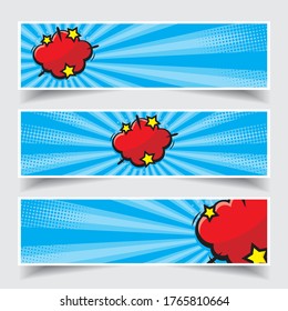pop art explosion bubble set isolated on blue burst background- comics book dotted web header or footer. Vector illustration