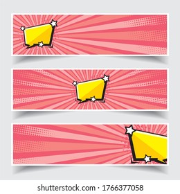 pop art explosion bubble set isolated on red burst background- comics book dotted web header or footer. Vector illustration