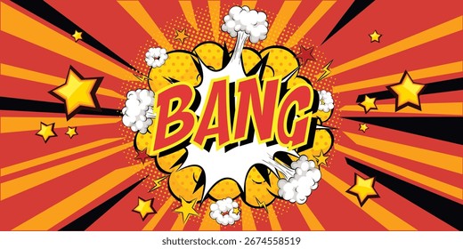 Pop art explosion with stars, clouds, boom, and colors