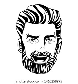 pop art face man with beaty hairstyle and beard isolated black and white
