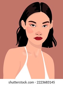 Cara de arte pop de una dama oriental. Una joven y hermosa mujer asiática con labios rojos. ilustración de moda plana. Cartel publicitario de diferente edad. Avatar para una red social.   