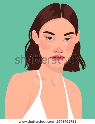  Pop art face of an oriental lady. A young beautiful ginger hair woman with red lips. flat fashion illustration. Advertising poster of different age. Avatar for a social network.