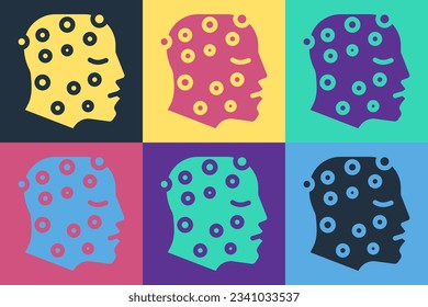 Pop art Face with psoriasis or eczema rash icon isolated on color background. Concept of human skin response to allergen or chronic body problem.  Vector