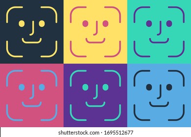 Icono de reconocimiento pop art Face aislado en fondo de color. Icono del escáner de identificación de cara. Concepto de ciberseguridad facial. Ilustración vectorial