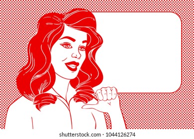 Pop art face. Woman and empty speech bubble. Graphic Vector background in pop art retro comic style. White placard background. Comics Template. Vector Retro Comic Book Speech Bubbles Illustration.