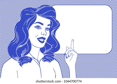 Pop art face. Woman and empty speech bubble. Graphic Vector background in pop art retro comic style. White placard background. Comics Template. Vector Retro Comic Book Speech Bubbles Illustration.