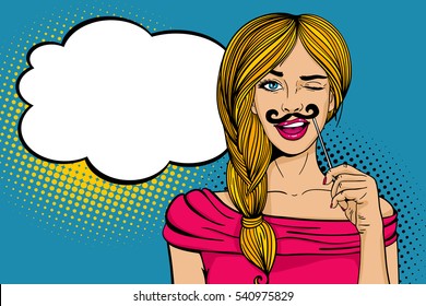 Pop Art Face. Young Sexy Blonde Woman Holding Carnival Mustache Mask In Her Hand Smiling And Winking And Empty Speech Bubble. Vector Illustration In Retro Comic Style. Holiday Party Invitation Poster