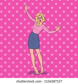 Pop Art Falling Beautiful Woman on High Heels. Fashionable Awkward Blonde Girl. Vector illustration