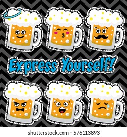 Pop art fashion BEER GLASS chic patches, badges, pins and stickers. vector illustration. "EXPRESS YOURSELF!".