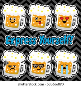 Pop art fashion BEER GLASS chic patches, badges, pins and stickers. vector illustration. "EXPRESS YOURSELF!".