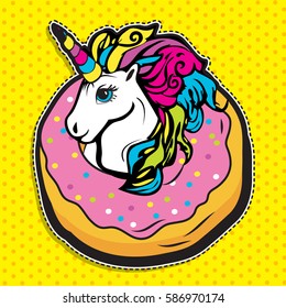 Pop art fashion chic cute magic UNICORN IN DONUT patch, badge, pin or sticker. vector illustration. 