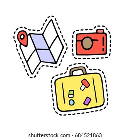 Pop art fashion chic patch, pin, badge and sticker - map, camera and bag. Cute hand drawn vector illustration. Doodle style. Object isolated