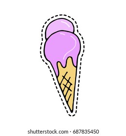 Pop art fashion chic patch, pin, badge and sticker - ice cream. Cute hand drawn vector illustration. Doodle style. Object isolated