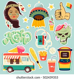 Pop art fashion chic patches, pins, badges and stickers. Hand Drawn Vector. Hipster American Fashionable California Collection. Doodle Pop art Sketch Badges and Pins.Element of design. Cartoon style.