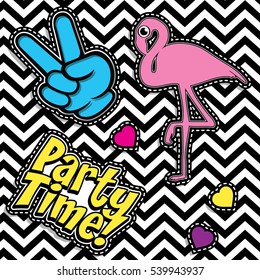 Pop art fashion chic patches, badges, pins and stickers. vector illustration. "Party Time!".