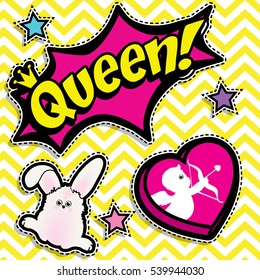 Pop art fashion chic patches, badges, pins and stickers. vector illustration. "Queen!".