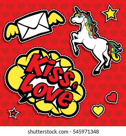 Pop art fashion chic patches, badges, pins and stickers. vector illustration. "Kiss & Love!".