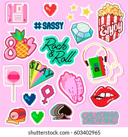 Pop art fashion chic patches, pins, badges. Hand Drawn Vector. Hipster American Punk rock Fashionable Stickers Collection. Doodle Pop art Sketch.