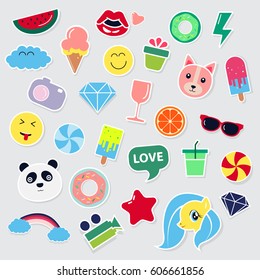 Pop art fashion chic patches, pins, badges, icons and stickers vector illustration.