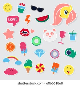 Pop art fashion chic patches, pins, badges, icons and stickers vector illustration.