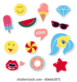 Pop art fashion chic patches, pins, badges, icons and stickers vector illustration.