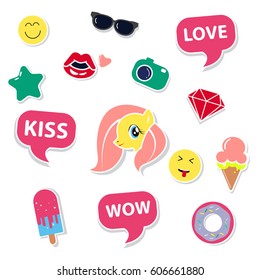 Pop art fashion chic patches, pins, badges, icons and stickers vector illustration.
