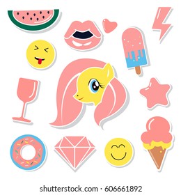 Pop art fashion chic patches, pins, badges, icons and stickers vector illustration.