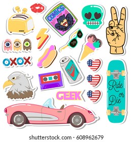 Pop art fashion chic patches, pins, badges and stickers. Hand Drawn Vector. Hipster American Punk rock Fashionable California Collection. Doodle Pop art Sketch. Element of design.