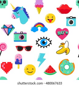 Pop art fashion chic seamless pattern with patches and stickers
