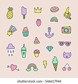 Pop art fashion labels. Can be used for pins, stickers, patches design. Vector hand drawn cartoon illustration.