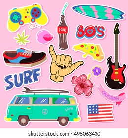 Pop art fashion patches,pins, badges,stickers. Hand Drawn Vector. Hipster American Punk rock Fashionable Stickers Collection. Doodle Pop art Sketch.Set of Vintage Surfing Graphics.Element of design