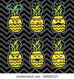 Pop art fashion PINEAPPLE EMOJI chic patches, badges, pins and stickers. vector illustration.