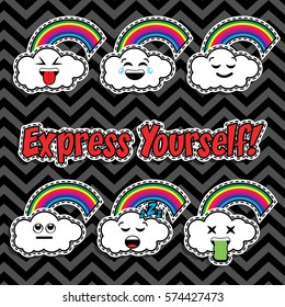 Pop art fashion RAINBOW & CLOUDS chic patches, badges, pins and stickers. vector illustration. "EXPRESS YOURSELF!".