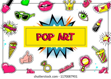 Pop art fashion stickers concept with eyeglasses lipstick ice cream thumb up symbol cocktail speech bubble ring winged letter heart vector illustration