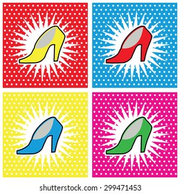 Pop art fashion woman objects shoe on pop art background