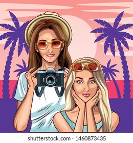 Pop art fashion women friends smiling with accesories cartoon on pink beach background with palms and sun ,vector illustration graphic design.