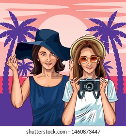 Pop art fashion women friends smiling with accesories cartoon on pink beach background with palms and sun ,vector illustration graphic design.