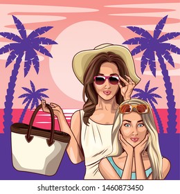 Pop art fashion women friends smiling with accesories cartoon on pink beach background with palms and sun ,vector illustration graphic design.