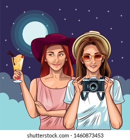 Pop art fashion women friends smiling with accesories cartoon on night sky background with stars and moon ,vector illustration graphic design.