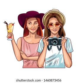 Pop art fashion women friends smiling with accesories cartoon ,vector illustration graphic design.