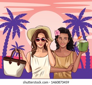 Pop art fashion women friends smiling with accesories cartoon on pink beach background with palms and sun ,vector illustration graphic design.