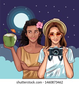 Pop art fashion women friends smiling with accesories cartoon on night sky background with stars and moon ,vector illustration graphic design.