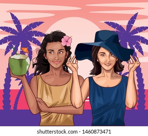 Pop art fashion women friends smiling with accesories cartoon on pink beach background with palms and sun ,vector illustration graphic design.